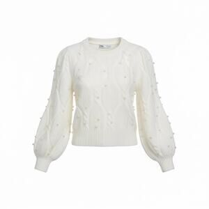 Zara Faux Pearl Alpaca Wool Blend Ivory Balloon Sleeve Sweater Size Small